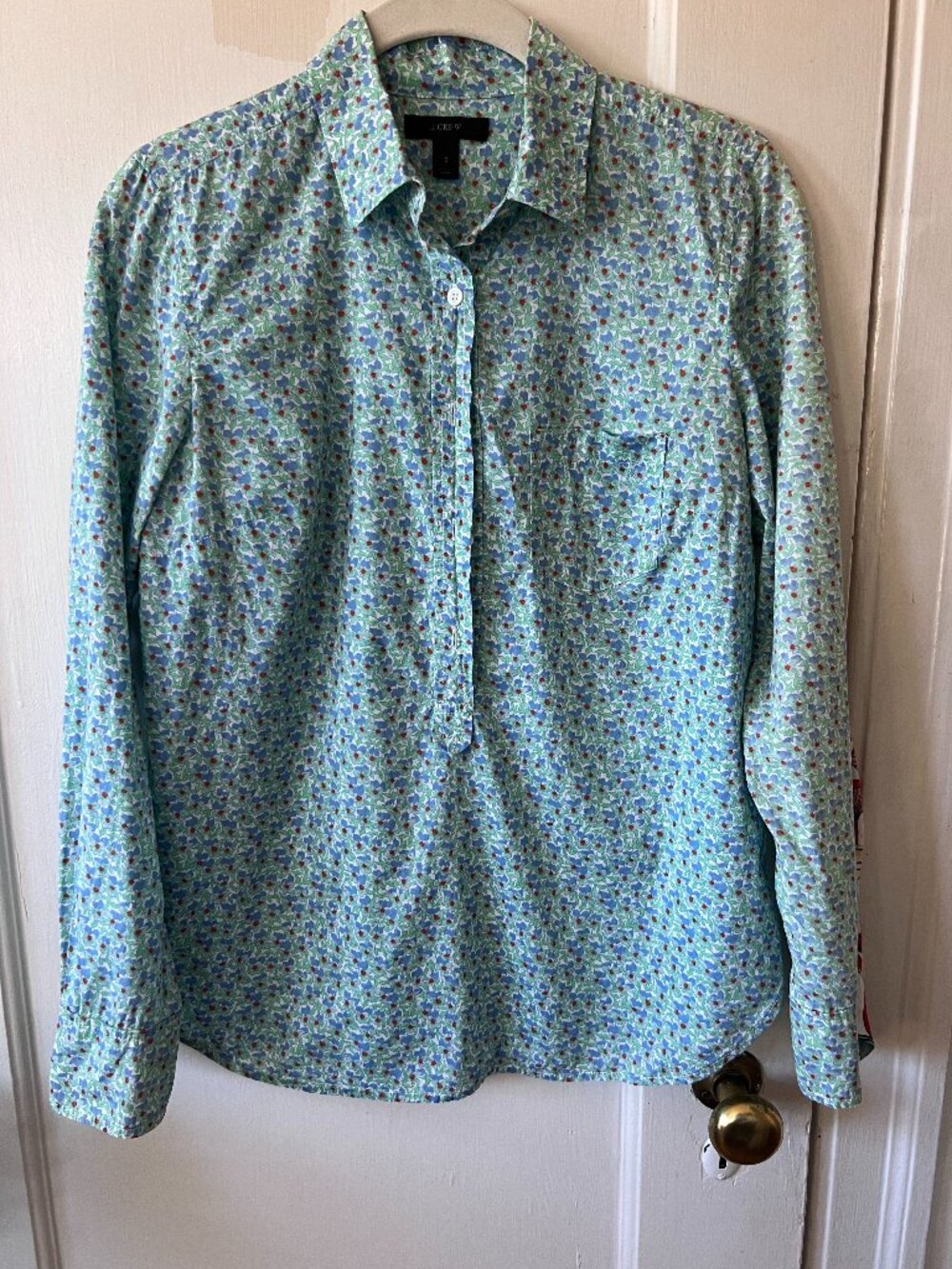 J Crew Floral Green Blue Popover Button Front Shirt